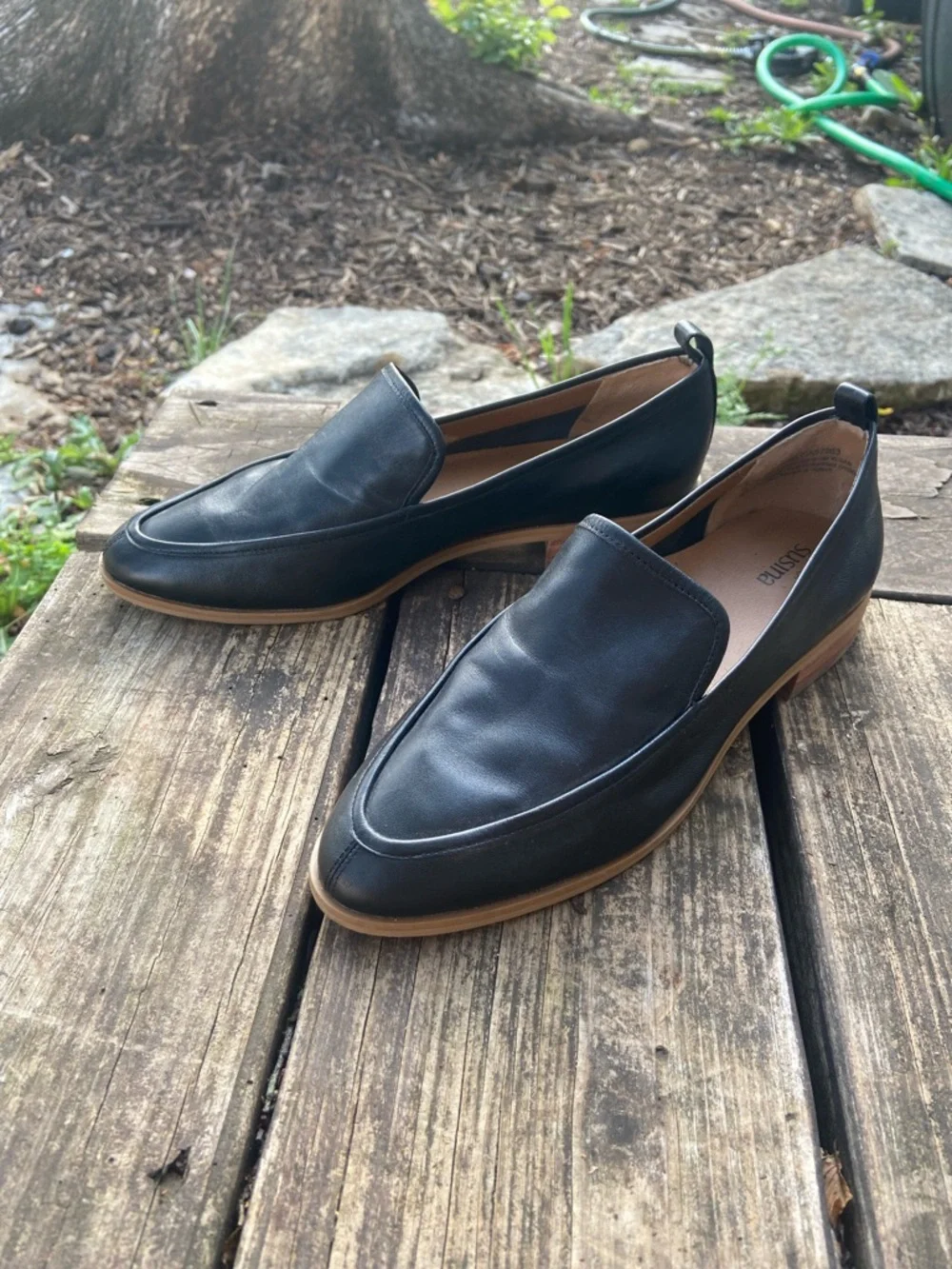 Susina Black Leather Slip-On Loafers with Tan Sole